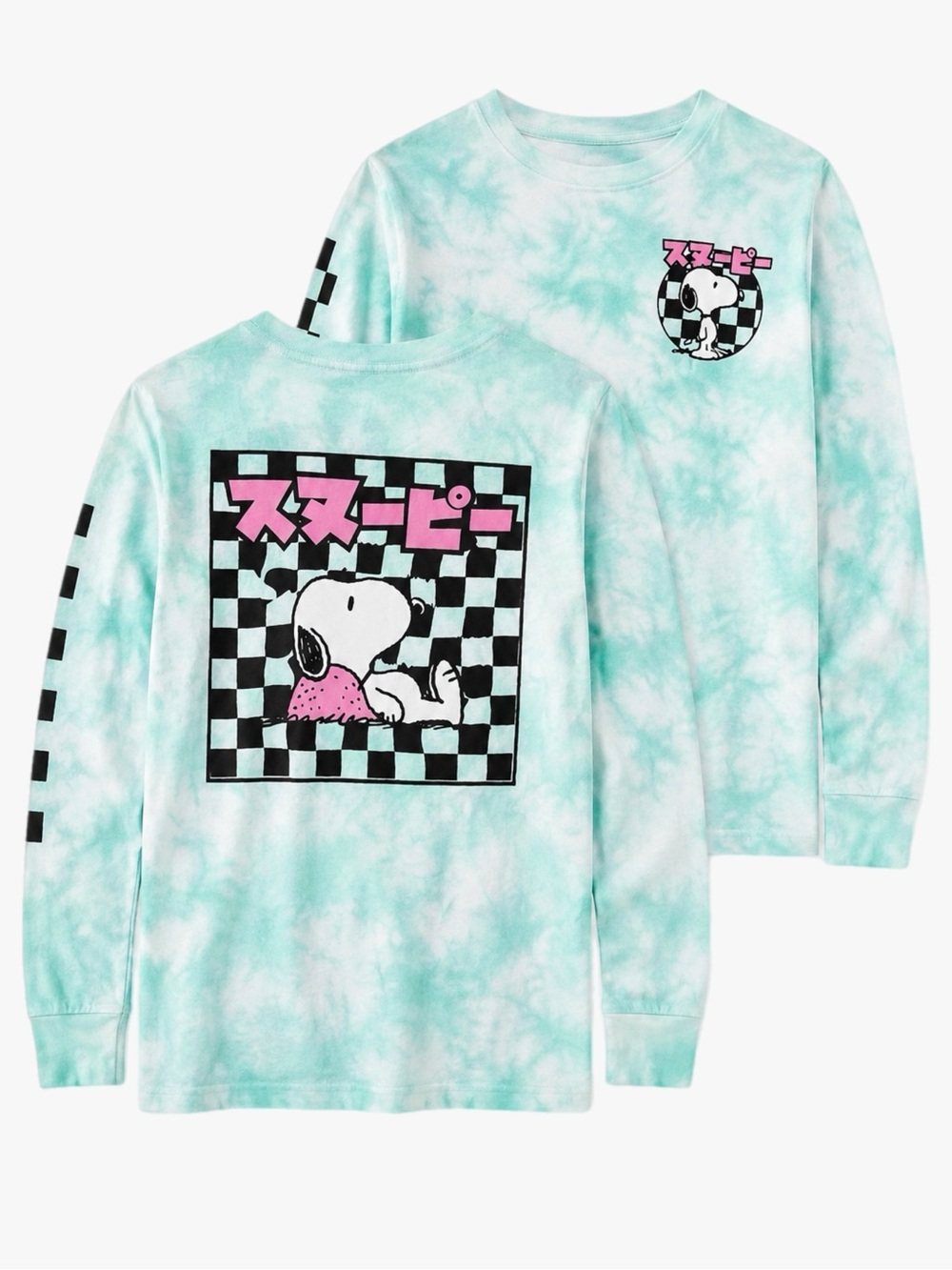Peanuts Snoopy Aqua White Tie Dye Long Sleeve Graphic Shirt Mens XL